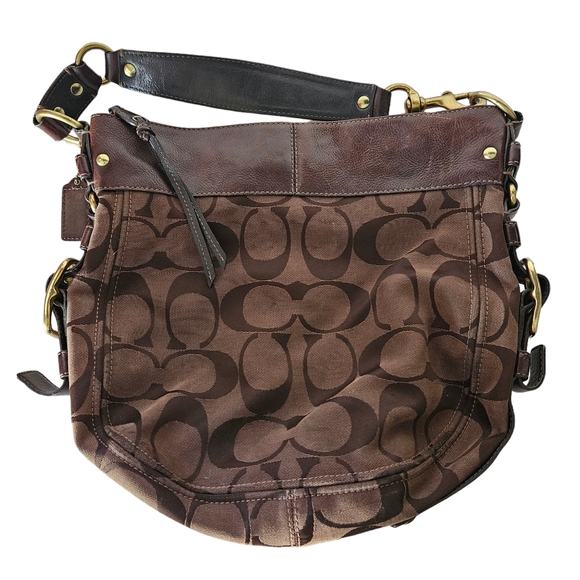 Coach 12674 Zoe Signature Logo Hobo Bag Brown Jaquard Shoulder Purse Large - Picture 2 of 14